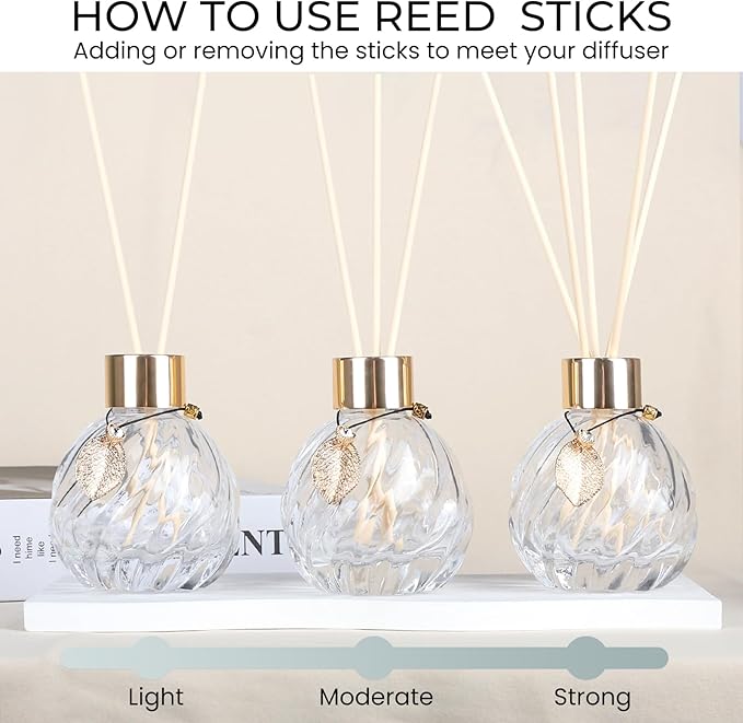 4-Piece Reed Diffuser Set with Metal Golden Decoration, 3.5-4.2oz Empty Bottles and 20 Reed Sticks, Unique Design for Home and Office (4 Different Bottles)
