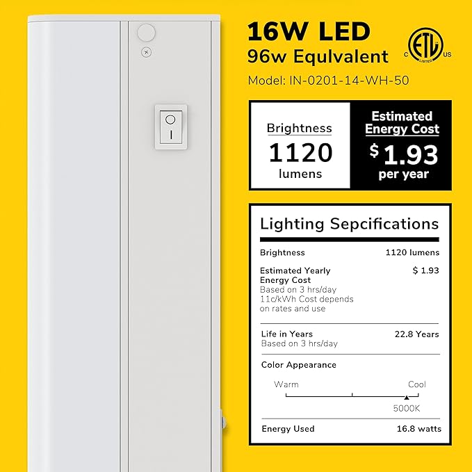 GETINLIGHT 30-inch Hardwired Only LED Under Cabinet Lighting, Daylight White(5000k), Dimmable, Matte White Finished, ETL Listed, IN-0201-14-WH-50