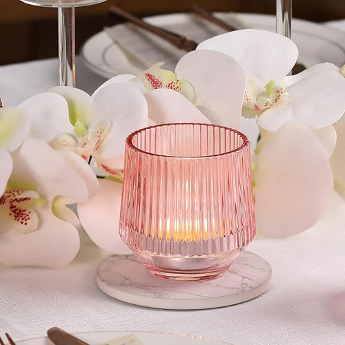 12 Pcs Large Pink Candle Holder- 3.15"×3.15" Ribbed Pink Vorive Candle Holders for Pink Bridal Shower Decorations, Girl Baby Shower Decorations, Pink Glass Candle Holder for Table Centerpiece
