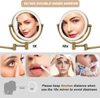 Antique Brass Rechargeable Wall Mounted Makeup Mirror Magnifying, 1X/10X Magnifying Mirror for Bathroom, 8 Inch 2 Sided 360 Swivel Extendable Arm Vanity Shaving Mirror for Bathroom