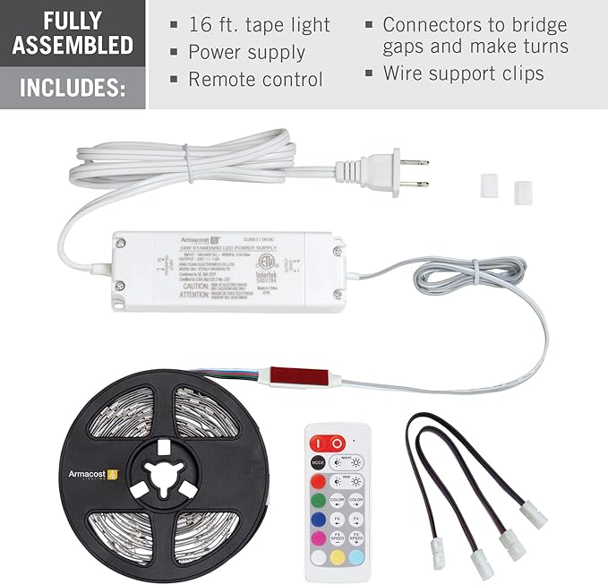 Armacost Lighting RibbonFlex Home 24V RGB+W Hardwire LED Strip Light Kit, Multicolor, 16 ft (423511)