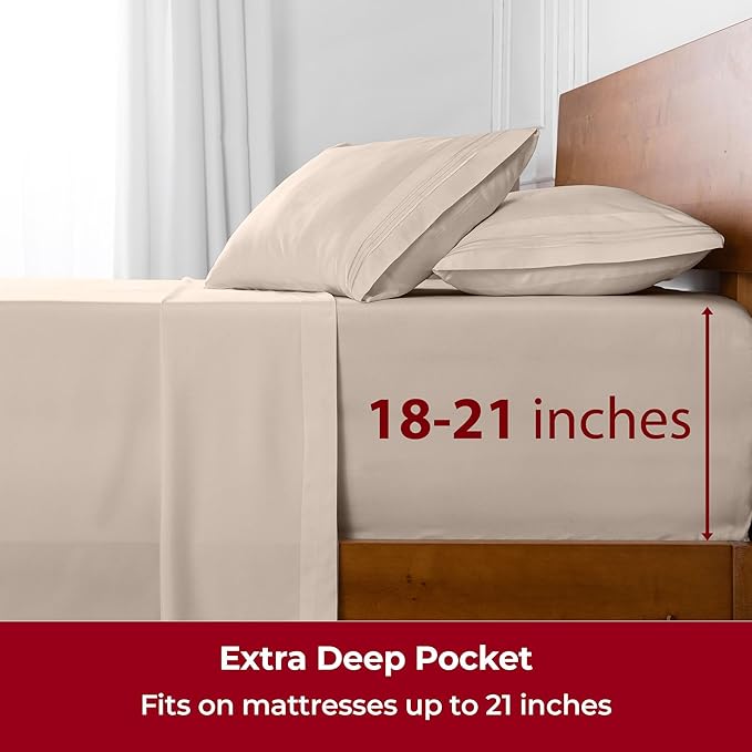 Mellanni Extra Deep Twin Sheets - 3 PC Iconic Collection Bedding - Hotel Luxury, Ultra Soft, Cooling Bed Sheets - Wrinkle, Fade, Stain Resistant (Twin, Beige)