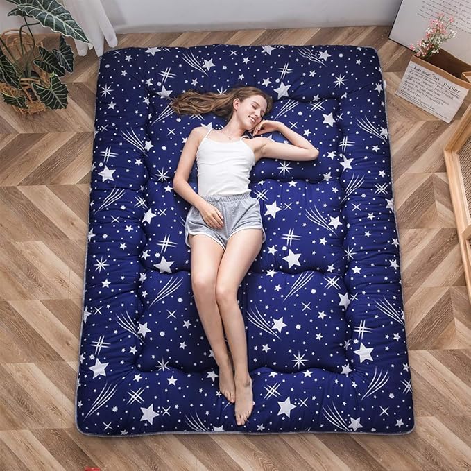 MAXYOYO Navy Starry Sky Japanese Futon Mattress, Tatami Mat Portable Camping Mattress, Kids Sleeping Pad, Foldable Roll Up Floor Lounger Couch Bed, Twin Size with Cover