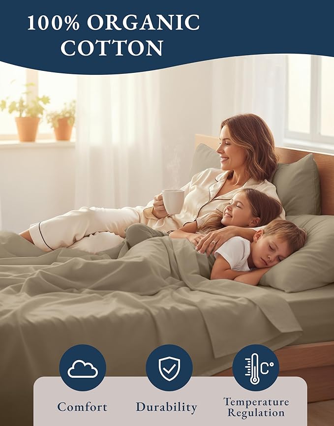 LANE LINEN 100% Organic Cotton Sheets Set, Long- Staple Percale Weave Ultra Soft Best- Bedding Sheets for Bed, GOTS Certified, Fits Mattress Upto 15inch Deep Pocket (King, Taupe)
