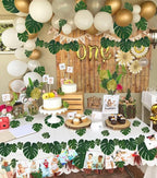 RECUTMS Artificial Tropical Palm Leaves 72Pcs 7 Kinds Green Gold Fake Monstera Leaf with Stem for Safari Jungle Hawaiian Luau Beach Baby Shower Wedding Birthday Party Table Summer Spring Decoration