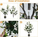 43.3"/3.6FT Artificial Camellia Tree Fake Outdoor Tree with 32 Blooming Flowers White Tree for Summer Home Front Door Indoor Decor (Including Dried Moss)