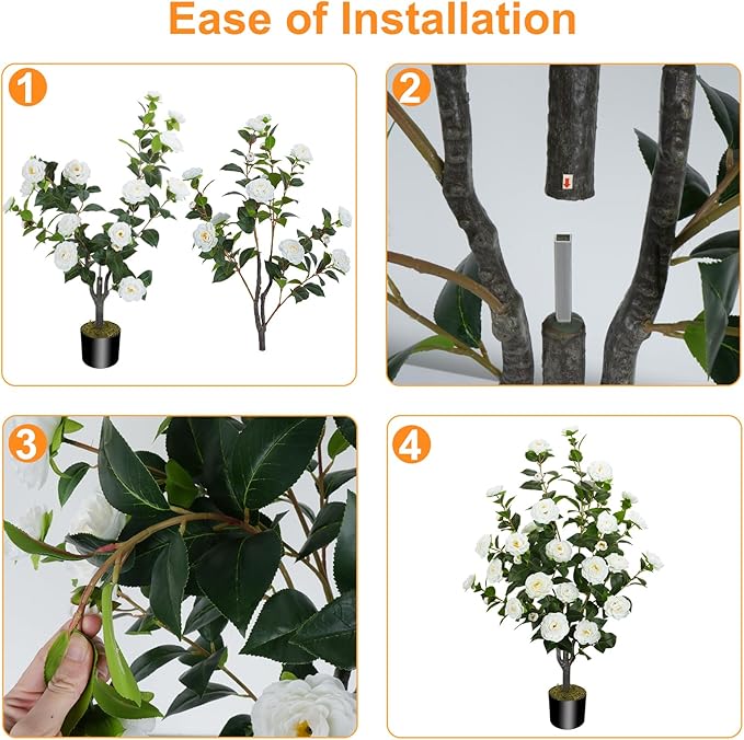 43.3"/3.6FT Artificial Camellia Tree Fake Outdoor Tree with 32 Blooming Flowers White Tree for Summer Home Front Door Indoor Decor (Including Dried Moss)