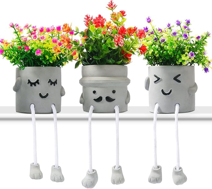 3Pack Fake Plants in Cute Pots, Indoor Faux Plants Decorations Lifelike with 60 Artificial Flowers for Office Bathroom Bedroom Living Room Kitchen Home Farmhouse Shelf Decor C