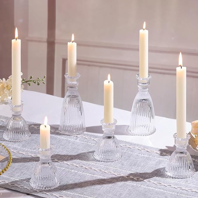 6 Pcs Clear Glass Candlestick Holders (3.5"/6", Assorted)- Tall Taper Candle Holders with Vintage Design, Candle Stick Holders in Bulk for Party Decorations, Glass Candle Holder for Tapered Candles