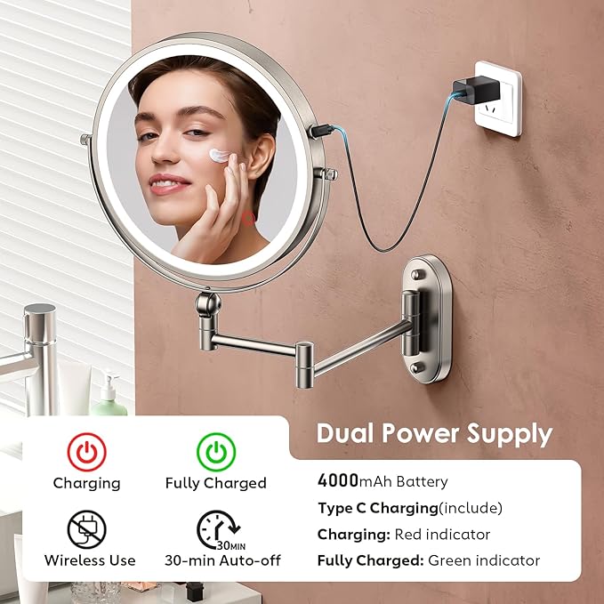 9" Wall Mounted Lighted Makeup Mirror,4000mAh Rechargeable Double Sided 1X/30X Magnifying Mirror with Light,Touch Dimmable,Extended Arm 360 Rotation Wall Mounted Makeup Mirror 3 Color Lights-N