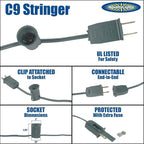 25 Foot C9 Orange Ceramic Outdoor Christmas String Light Set - Opaque Bulbs, Roofline Light String, Green Wire