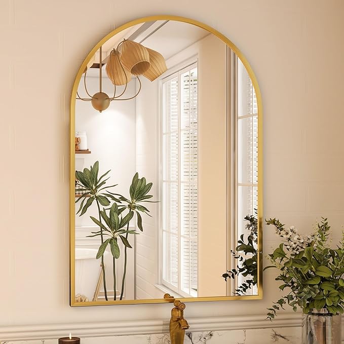 VooBang Arched Wall Mirror, 32 x 48 inch Arch Bathroom Mirror, Wall Mounted Vanity Mirror with Arch Metal Frame, Modern Bathroom Vanity Mirror for Bedroom, Living Room, Hanging or Leaning, Gold