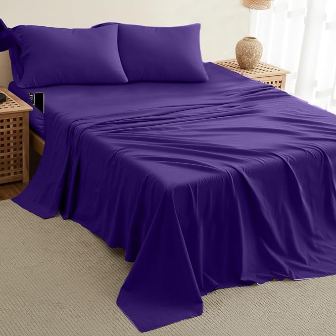 DREAMCARE King Size Sheets Set – 4 pcs Cooling Sheets – up to 21” Deep Pocket King Sheet Set – Hotel Luxury Sheets & Pillowcases – Superior Softness 100% Fine Microfiber with Side Pocket – Purple