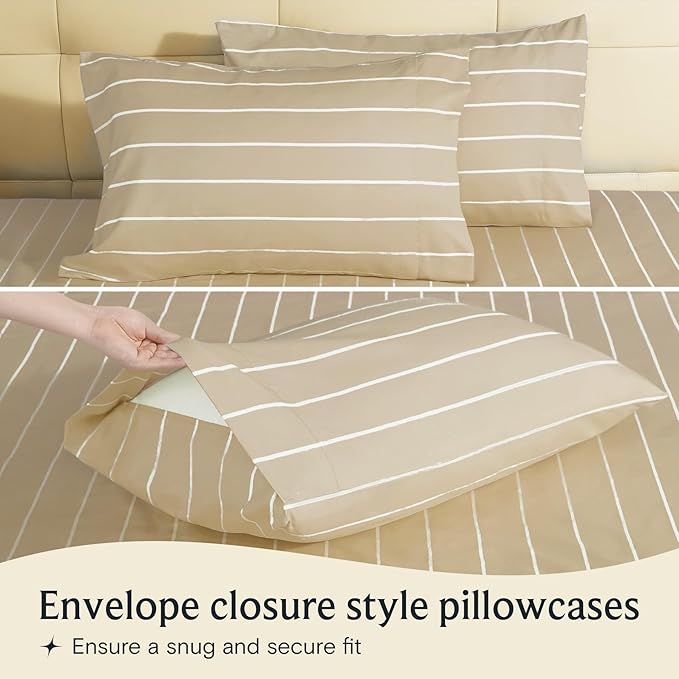 LuxClub 4 PC Full Size Sheet Set Bed Sheets, Breathable Luxury Deep Pockets Wrinkle Free Cooling Sheets Machine Washable Hotel Bedding (Full, Striped Cream)