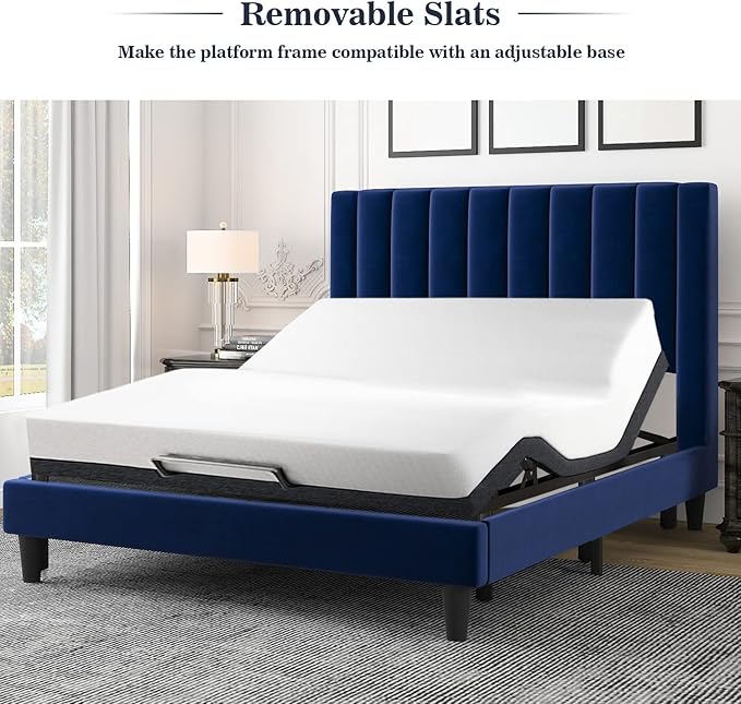 Allewie Queen Platform Bed Frame/Velvet Upholstered Bed Frame with Vertical Channel Tufted Headboard/Strong Wooden Slats/Mattress Foundation/Box Spring Optional/Easy Assembly/Navy Blue