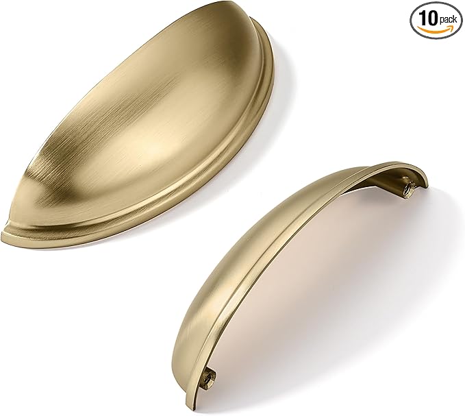 khtumeware 10 Pack 4" Drawer Pulls Brushed Brass Cabinet Cup Pulls Kitchen Hardware Cabinet Handles Drawer Handles Knobs 4 inch Hole Center