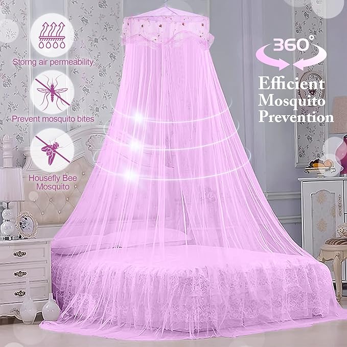Jeteventy Bed Canopy for Girls, Princess Bed Curtain Net for Single to King Size,Bedroom Decoration of Round Lace Dome with Stainless Steel Hook,Quick Easy Installation (Purple)