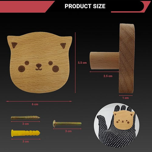 6PCS Wooden Cat Shaped Cabinet Knobs, Cabinet Handles, Single Hole Beech Wood Handles, Wood Hooks with Full Set of Screw Accessories