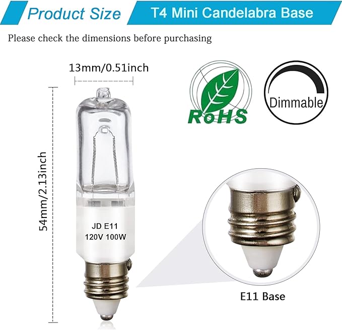 4 Pack JDE11 Bulb,120V 100W Halogen Candelabra Bulbs,T4 Mini Base JD E11 Bulb ,Dimmable 2700K Warm White（Replacement E11 LED bulb,for Chandeliers,Candelabra,Ceiling Fan, Table Lamps, Cabinet Lighting