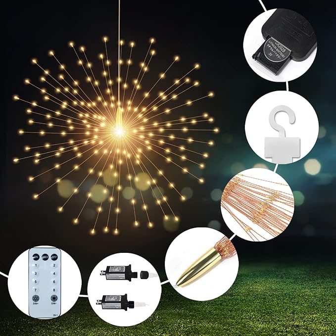 5 Pcs 1000LED Plug in Starburst Sphere Lights,Firework Light 8 Modes Dimmable Remote Control Waterproof Hanging Copper Wire Fairy Light for Patio Party Tent Christmas (Warm White)