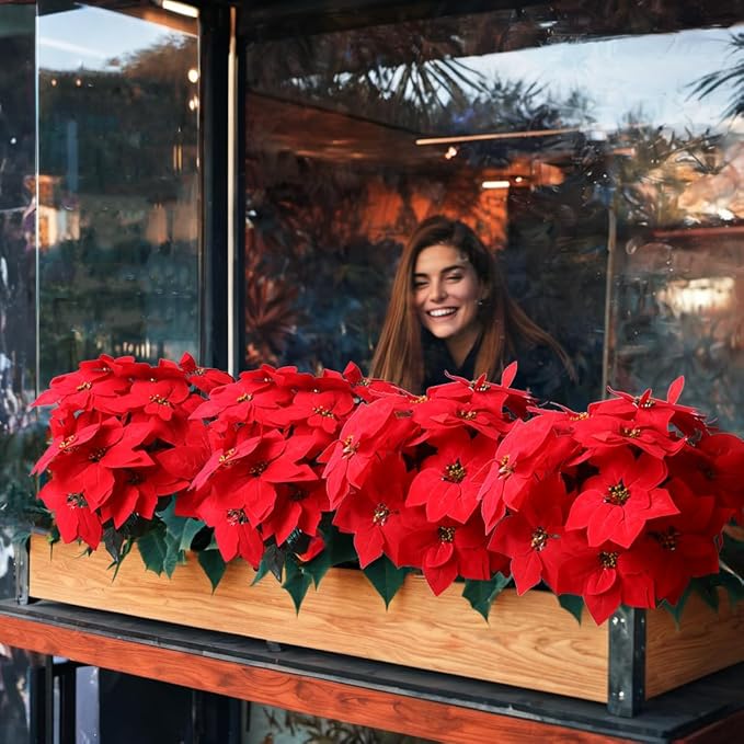 3 Pack Christmas Artificial Poinsettia Flowers Stem Bouquets Outdoors with 15pcs 8.2 Inch Red Poinsettia Flowers Heads for Christmas Tree, Xmas Garland, Vase, Window Box, Porch Home Decorations