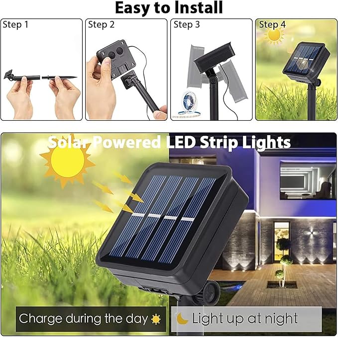 Solar LED Strip Lights Outdoor Solar Powered Rope Light Waterproof 10FT Cuttable Tape Lighting with 8 Modes for Christmas, Fence, Outside, Stair, Step, Yard, Pool, Camping, Party, 1 Pack