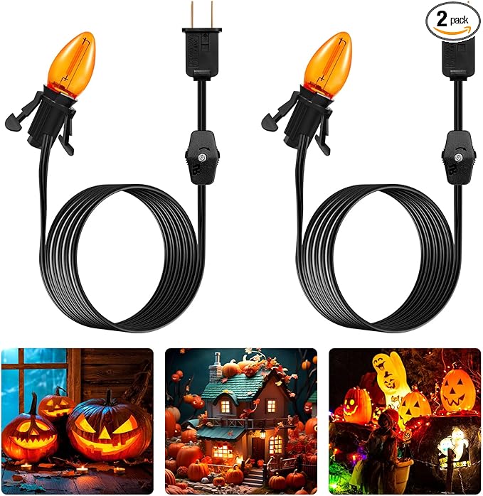 Accessory Cord with One LED Light Bulb - 6ft Cord with On/Off Switch for Halloween Pumpkin, DIY Craft Projects, Paper Lantern Halloween Decoration, Village House, Holiday Ceramic Trees, 2 Pack, Orange