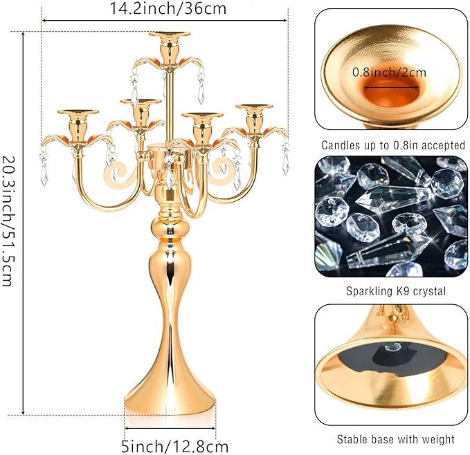 2PCS Gold 5-Arm Candelabra Centerpiece - 20.3" Tall Metal Candle Holder for Wedding, Party & Home Decor - Vintage Table Centerpiece for Events, Dining Room, Church Decorations