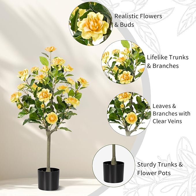 Artificial Camellia Tree 2 Pack, Artificial Plants Outdoor Faux Floral Plant in Cement Pot Fake Silk Camellia Tree Plants for Home House Living Room Office Decor