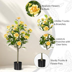 Artificial Camellia Tree 2 Pack, Artificial Plants Outdoor Faux Floral Plant in Cement Pot Fake Silk Camellia Tree Plants for Home House Living Room Office Decor