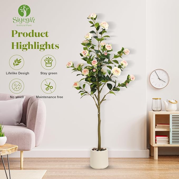 5FT Artificial Camellia Tree with White Planter & Pebbles,Faux Flower Tree with Lifelike Leaves and Realistic Trunk,Tall Fake Potted Plant for Home Decor Indoor Outdoor. (White, 5FT)