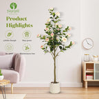 5FT Artificial Camellia Tree with White Planter & Pebbles,Faux Flower Tree with Lifelike Leaves and Realistic Trunk,Tall Fake Potted Plant for Home Decor Indoor Outdoor. (White, 5FT)
