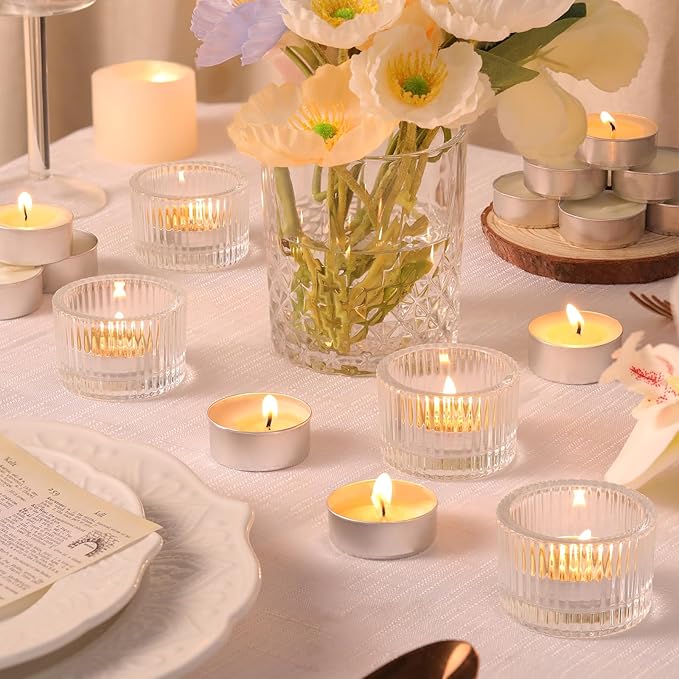 36 pcs Clear Tealight Candle Holders with 36PCS Tea Lights Candles, Glass Votive Candle Holders Set for Table Centerpiece, Home Decor and Party Supplies