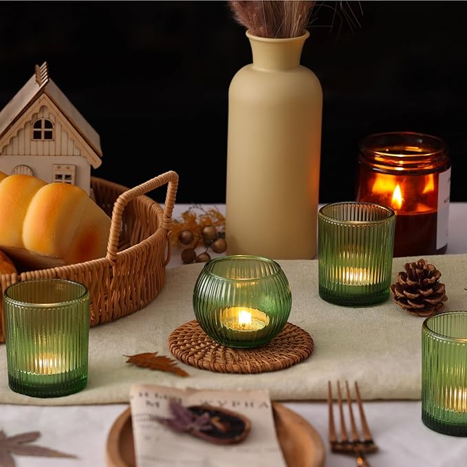 30pcs Assorted Ribbed Green Votive Candle Holders, Green Candle Holders for Wedding Centerpiece, Tea Light Candle Holder for Dinner Table Centerpiece, Home and Party Decorations