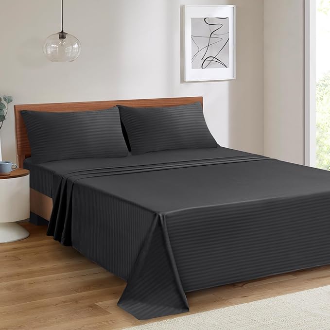 Mejoroom Striped King Size Sheet Set – Hotel Luxury Bed Sheets - Deep Pocket Up to 16 inch, Breathable, Wrinkle, Fade and Stain Resistant – 4 Piece(02-Black)
