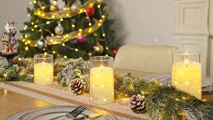 Homemory Flickering Flameless Candles with String Lights, Battery Operated Candles, Embedded String Lights LED Candles, Unbreakable Plexiglass Candle with Remote, Set of 3, Ivory White