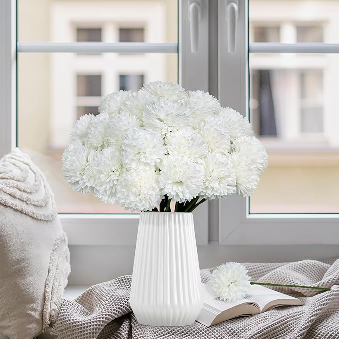 36 Pcs White Artificial Flowers Faux Ball Chrysanthemum Bouquet Silk Flowers Bridal Wedding Bouquet for Home Garden Party Office Coffee House Decoration (White)