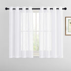 RYB HOME Short Sheer Curtains - Linen Textured Small Window Curtains Semi Sheer Drapes Privacy Breathable Drapery Filter Sunlight for Kitchen, Nursery, RV, W 52" x L 45", 2 Panels, White