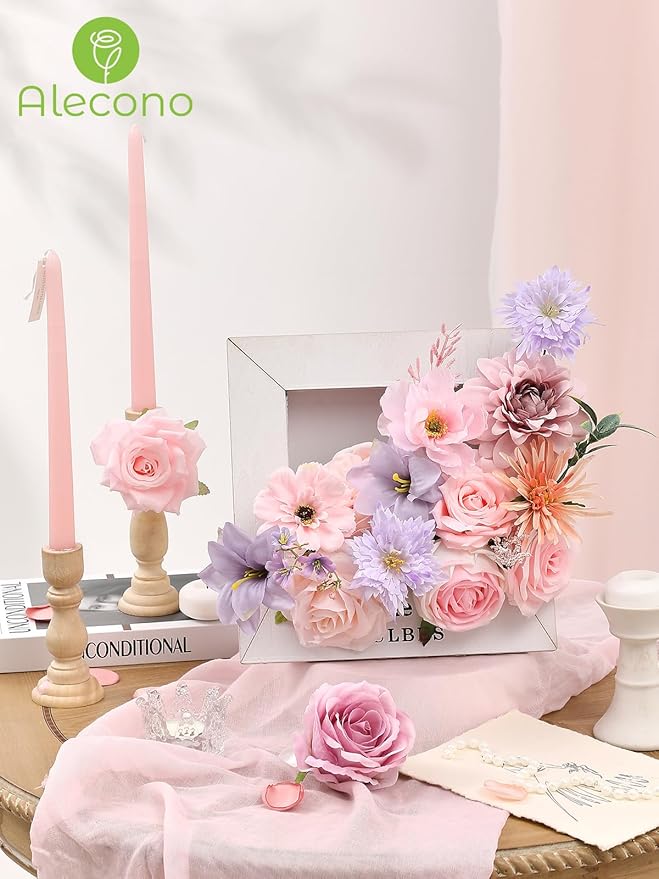 Alecono Artificial Flowers, Pink Purple Fake Flowers with Stems for DIY Wedding Bridal Bouquets, Cake Floral Arrangement Home Decor Indoor Outdoor