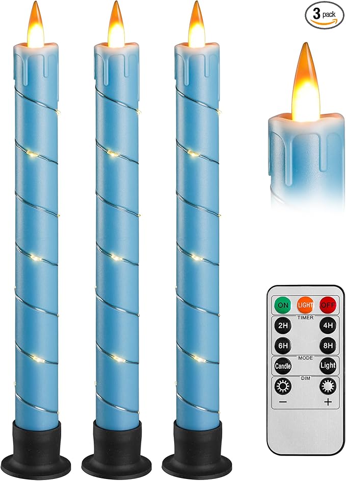Da by 3 Pcs Flickering Flameless Battery Operated Taper Candle-Window Candles with Remote and Time-LED 3D Dynamic Flame-9.6 Inches for Wedding, Party,Home Decoration-Blue
