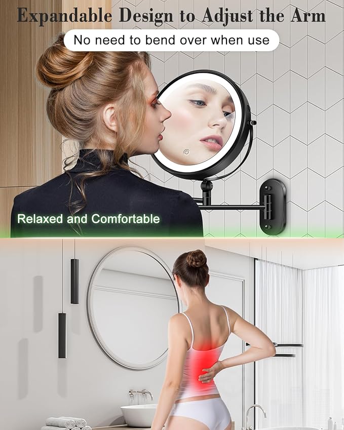 30X/1X Wall Mounted Lighted Makeup Mirror, 9'' Height Adjustable Double Sided 5000mAh Rechargeable Magnifying Bathroom Mirror with Light, 3 Color Modes Touch Dimmable Extended Arm 360 Rotation