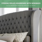 AMERLIFE Queen Size Platform Bed Frame, Velvet Upholstered Sleigh Bed with Scroll Wingback Headboard & Footboard/Button Tufted/No Box Spring Required/Grey