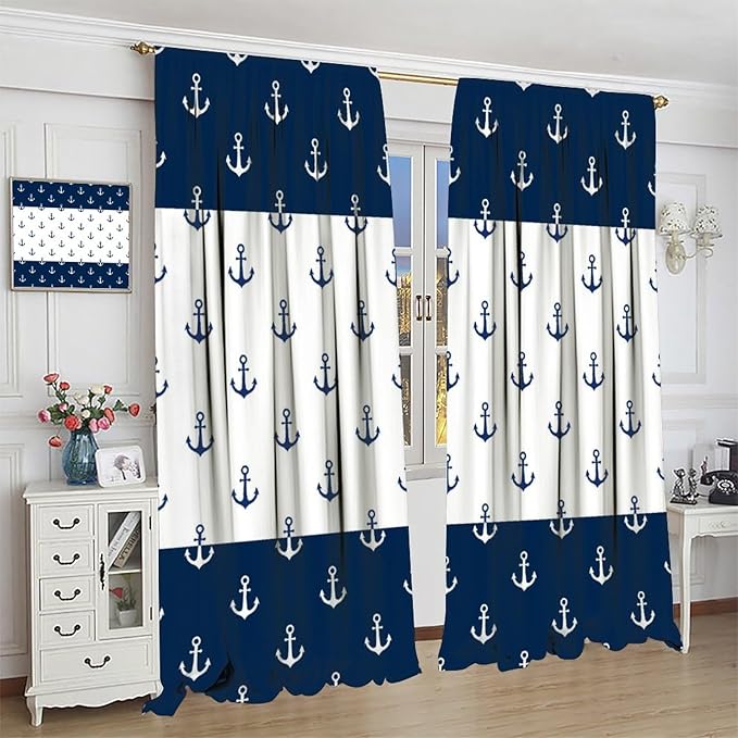 Anchor Pattern Curtains, Nautical Theme Navy Blue White Anchor Sea Life Adventure Print Blackout Window Treatments for Living Room Boys Men's Bedroom 42x54 Inch