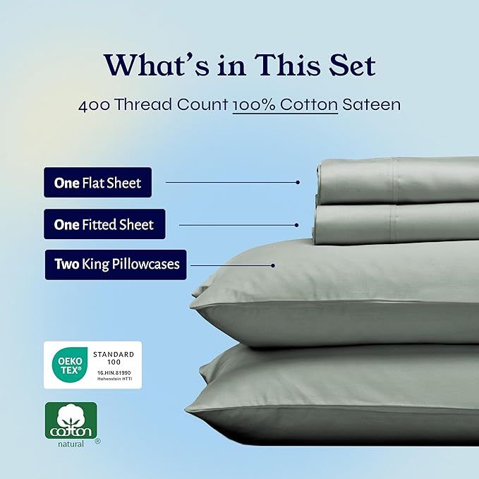 California Design Den 400 Thread Count, Natural 100% Cotton Sheets Sateen, Soft King Bed Sheets Set, Deep Pockets with All-Around Elastic for a Snug Fit, Cool & Durable Bedding Set - Sage Green
