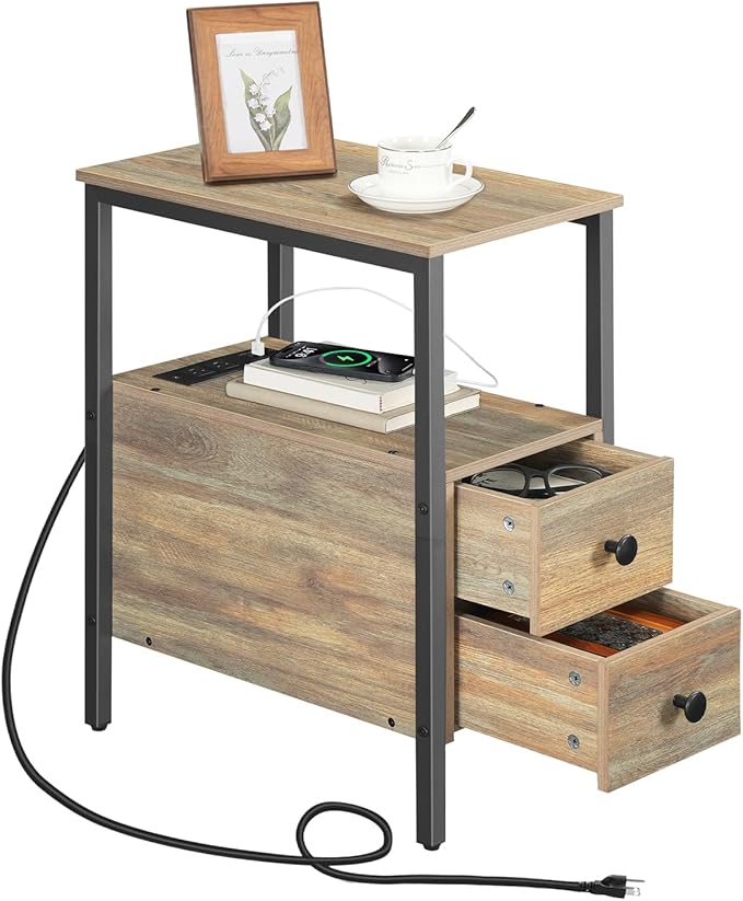 HOOBRO End Table with Charging Station, Narrow Side Table with 2 Drawer & USB Ports & Power Outlets, Nightstand for Small Spaces, for Living Room, Bedroom, Sapphire Brown UC541BZ01