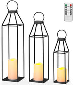 Perfnique Set of 3 Black Metal Lanterns w/ Waterproof Flickering Flameless Candle & Remote Timer, Modern Farmhouse Lanterns Decorative for Outdoor, Front Porch, Indoor, Patio, Garden, Fireplace