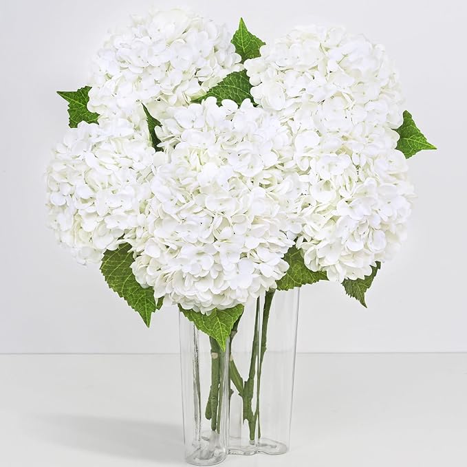 6 Pcs Real Touch Hydrangea Artificial Flowers, 21" White Full Faux Hydrangea Flowers Latex Fake Flowers for Home Decor Party Floral Arrangements Wedding Bouquets Centerpieces Outdoor Decor
