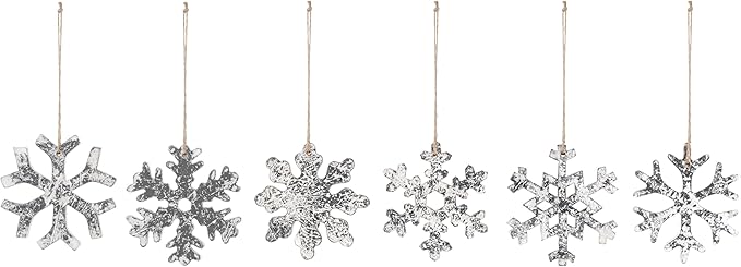 DEMDACO Cozy Time Silver Tone 4 x 4 Inch Wood Christmas Tree Decoration, Festive Holiday Décor, Distressed, Hanging Ornaments, Set of 6, Snowflake