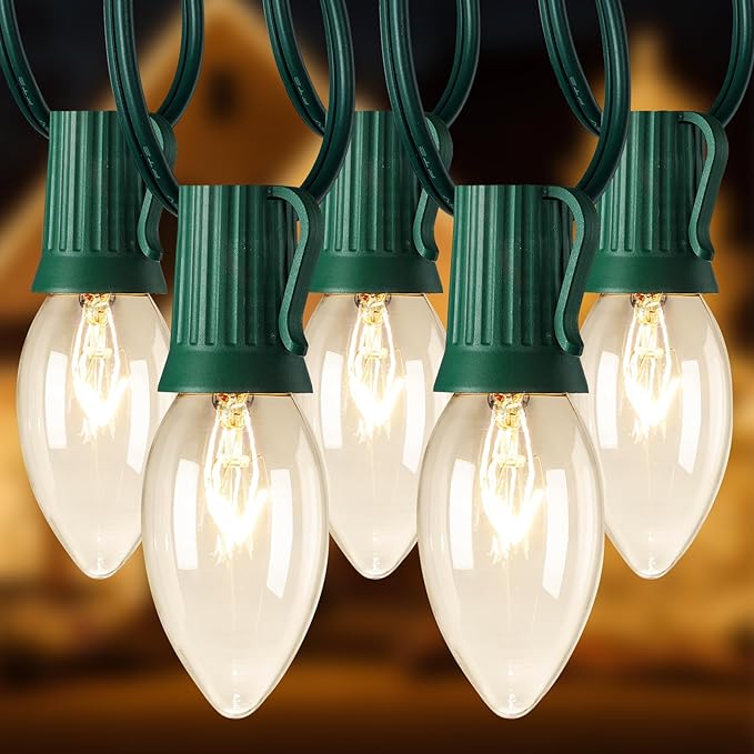 C9 Christmas Lights Outdoor 50FT Warm White Clear Haning Vintage C9 String Lights for Christmas Tree Indoor Room Outdoor Roof Patio Party Xmas Home Decoration, 50 +2 Bulbs, E17 Base, Green Wire