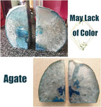 AMOYSTONE Geode Bookends Heavy Duty Agate Large Stone Bookend Decorative Crystal Quartz Book Ends Dyed Teal with Rubber Bumpers(1 Pair, 6-8 LBS)